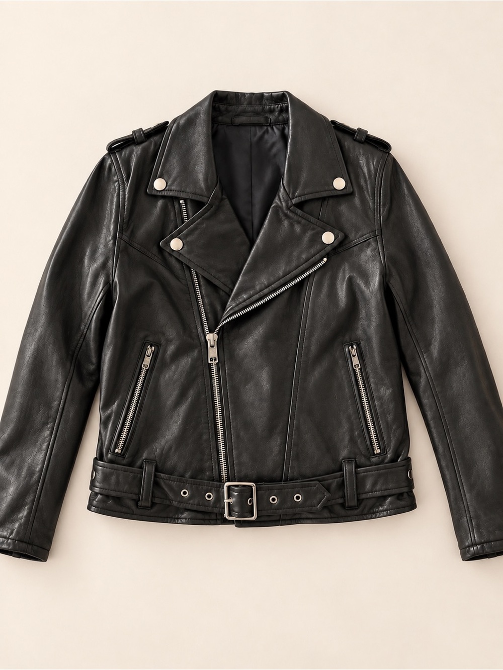 Black Genuine Leather Black Moto Biker Jacket Asymmetrical Zip Belted Waist